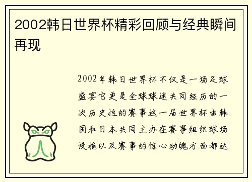 2002韩日世界杯精彩回顾与经典瞬间再现