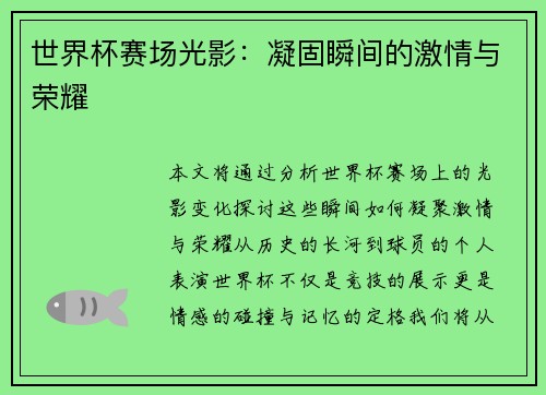 世界杯赛场光影：凝固瞬间的激情与荣耀