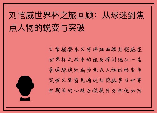 刘恺威世界杯之旅回顾：从球迷到焦点人物的蜕变与突破