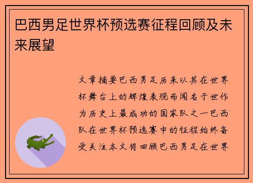 巴西男足世界杯预选赛征程回顾及未来展望
